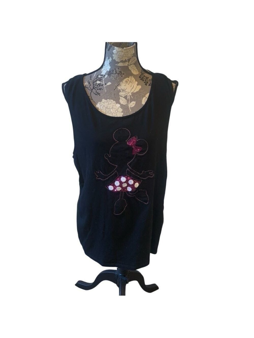 DISNEY Minnie Mouse Black and Pink Sequin Bow Back Tank size XL